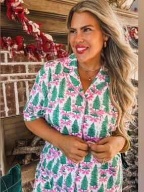 Festive Pink & Green Christmas Tree Pajama TOP - Women